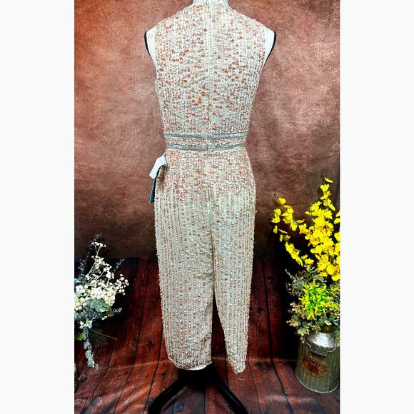 Mac Duggal Sleeveless High Neck Beaded Sheath Dress Nude 4 - Picture 10 of 14